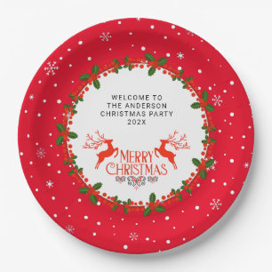 Snowflake, Holly Berries and Reindeer Custom Paper Plates