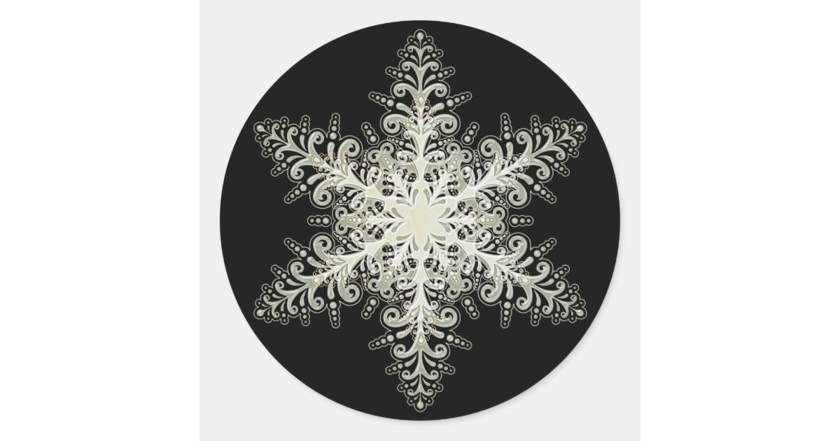 Snowflake ice lace winter white and black elegant classic round sticker ...