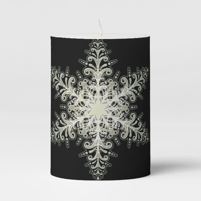 Snowflake ice lace winter white and black elegant pillar candle (Front)