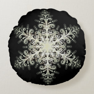 Snowflake ice lace winter white and black elegant round pillow