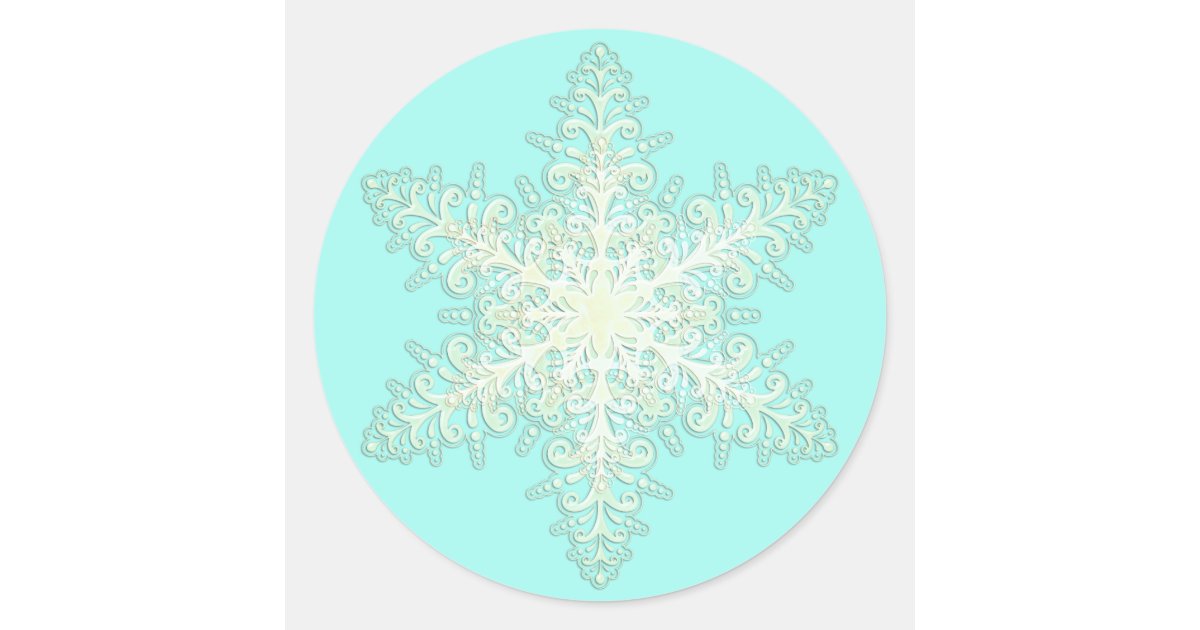 Snowflake ice lace winter white and teal elegant classic round sticker ...