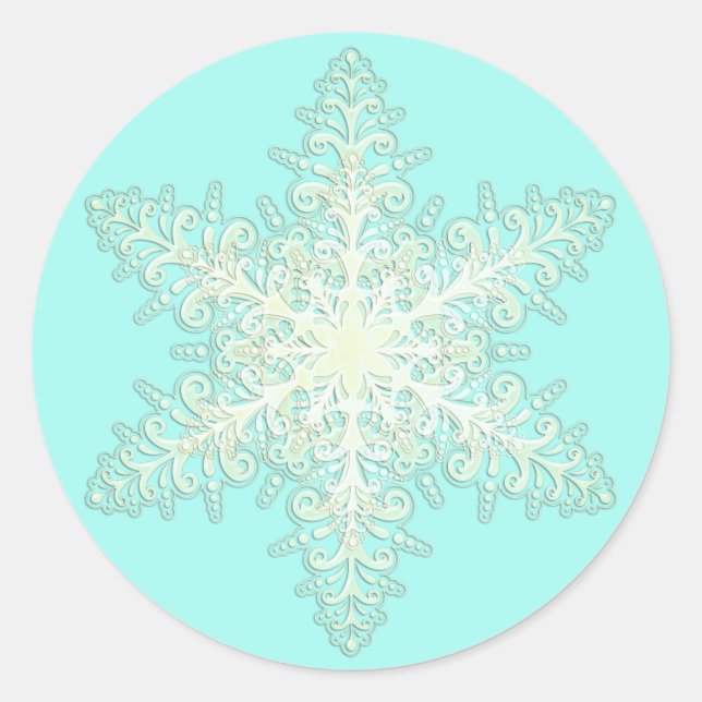 Snowflake ice lace winter white and teal elegant classic round sticker (Front)