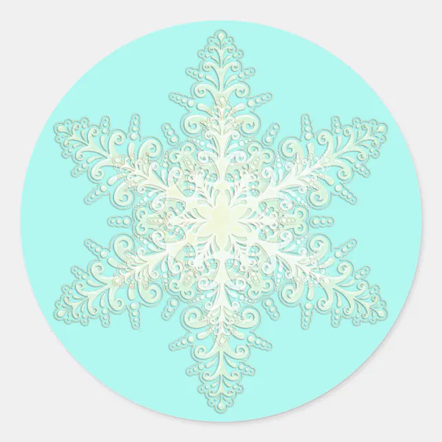 Snowflake ice lace winter white and teal elegant classic round sticker ...