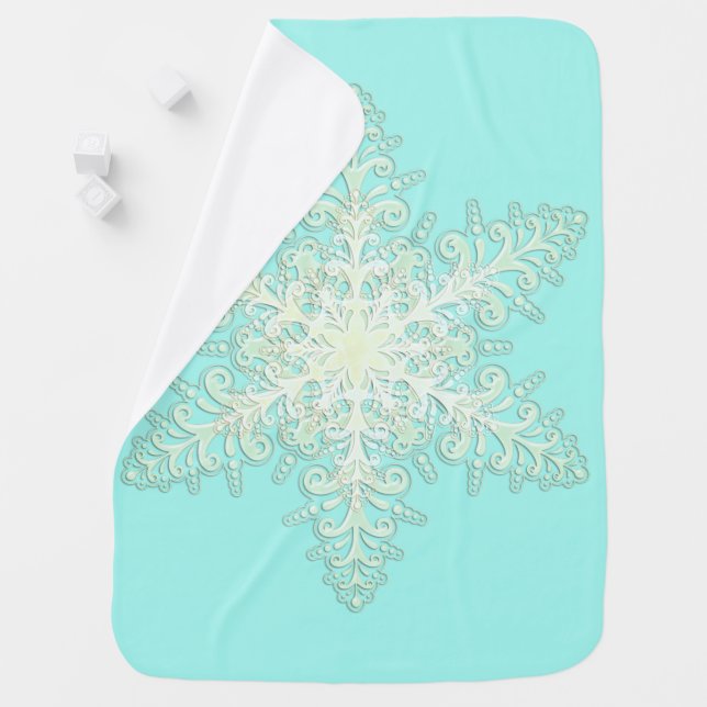 Snowflake ice lace winter white teal elegant baby blanket (In Situ)