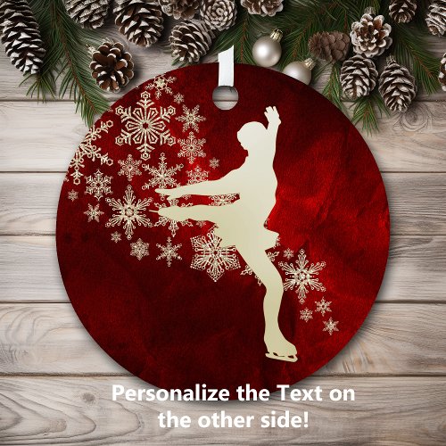 Snowflake Ice Skater on Red  Metal Ornament