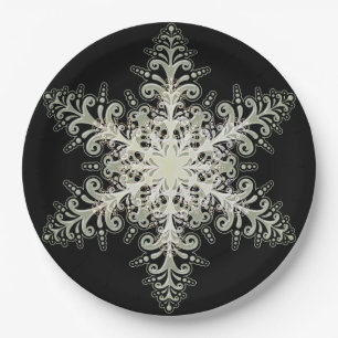 Snowflake icy lace winter white and black elegant paper plates