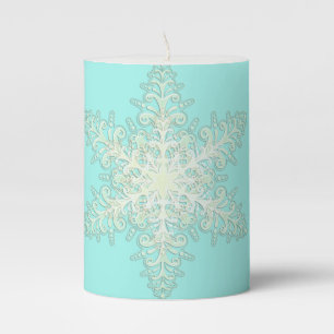 Snowflake icy lace winter white and teal elegant pillar candle