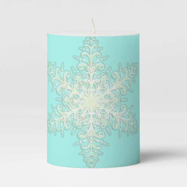 Snowflake icy lace winter white and teal elegant pillar candle (Front)