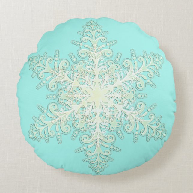Snowflake icy lace winter white and teal elegant round pillow (Front)
