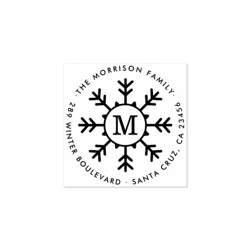 Snowflake Initial Round Family Name Return Address Rubber Stamp