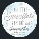 snowflake is on the way Baby Shower Classic Round Sticker<br><div class="desc">Adorable calligraphy with snowflakes,  winter-themed baby shower invitations. Easy to personalize with your details. Check the collection to find matching items as enclosure cards.</div>