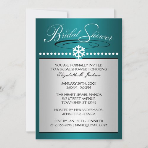 Snowflake Jewel Teal Bridal Shower Invitations