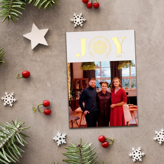Snowflake Joy Curved Text Photo Merry Christmas Foil Holiday Card (Creator Uploaded)