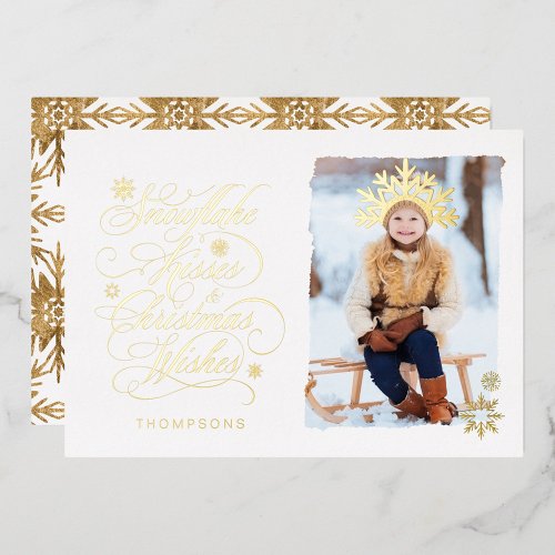 Snowflake Kiss Christmas Wishes Gold Script Photo Foil Holiday Card