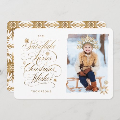 Snowflake Kiss Christmas Wishes Gold Script Photo Holiday Card