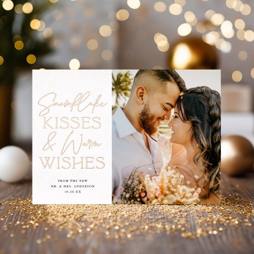 Snowflake Kisses Newlywed Christmas Three 3 Photo Foil Holiday Card