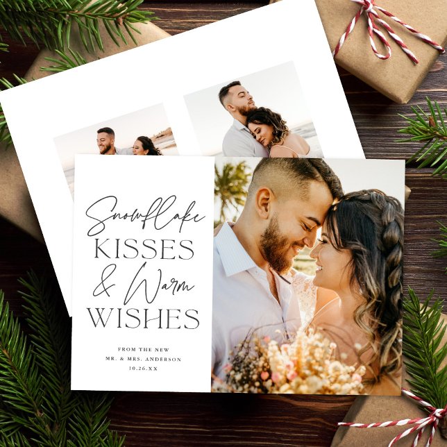 Snowflake Kisses Newlywed Christmas Three 3 Photo Holiday Card (Creator Uploaded)
