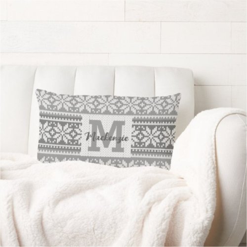 Snowflake Knit Sweater Monogram Name Gray White Lumbar Pillow