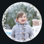 Snowflake Lace Photo Holiday Sticker<br><div class="desc">Delicate white snowflakes frame your favorite photo on this holiday sticker and envelope seal,  making it perfect for showcasing a new baby,  puppy or pet,  newlyweds or special family photo. This sticker is part of the Snowflake Lace Photo Holiday Collection.
photo courtesy of: Photography © Storytree Studios,  Stanford,  CA</div>