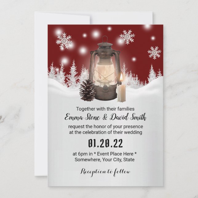Snowflake & Lantern Red Winter Forest Wedding Invitation (Front)