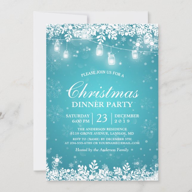 Snowflake Lights Turquoise Holiday Christmas Party Invitation (Front)