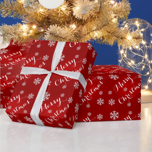 Snowflake Merry Christmas Wrapping Paper In Red (Holidays)