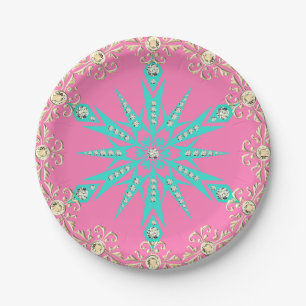 Snowflake mid century turquoise pink vintage paper plates
