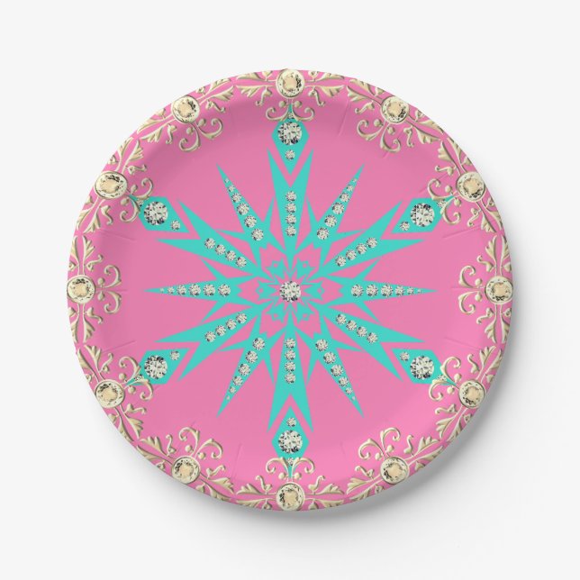 Snowflake mid century turquoise pink vintage  paper plates (Front)