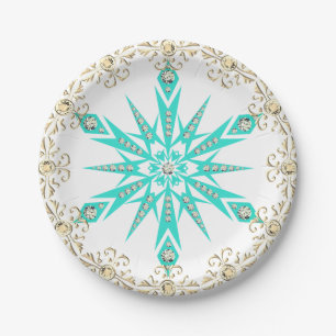 Snowflake mid century turquoise white diamond paper plates
