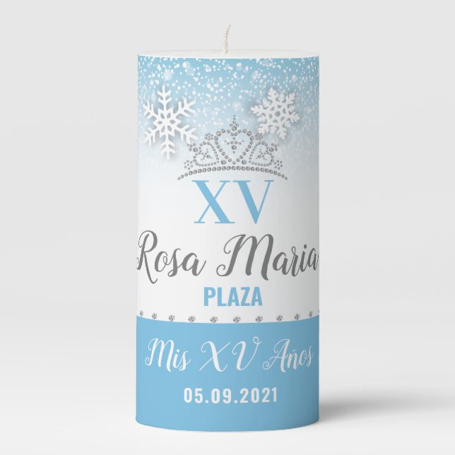 Snowflake Mis XV Años Quinceañera Pillar Candle (Front)