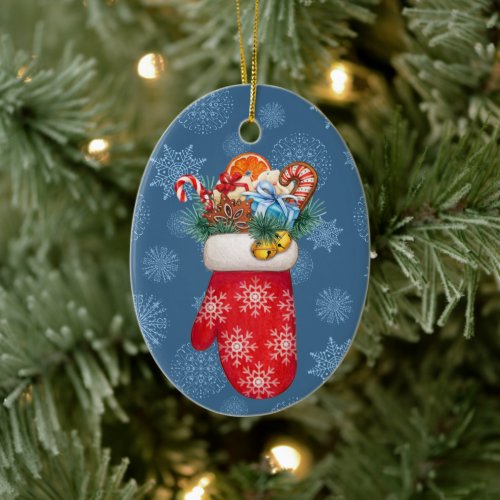 Snowflake Mittens with Christmas Goodies Ceramic Ornament