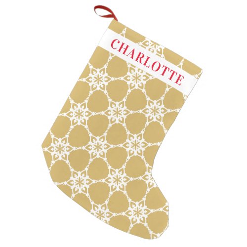 SNOWFLAKE modern elegant pattern gold white Small Christmas Stocking