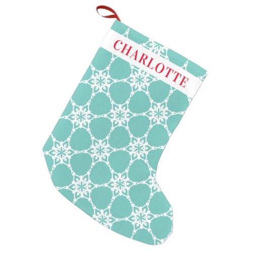 SNOWFLAKE modern elegant pattern mint green white Small Christmas Stocking