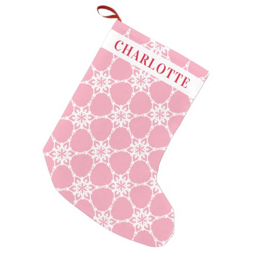 SNOWFLAKE modern elegant pattern pink white Small Christmas Stocking