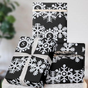 Snowflake Monogram Black Christmas Wrapping Paper