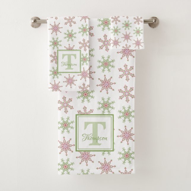 Snowflake Monogram Colorful Modern Holiday Bath Towel Set (Insitu)