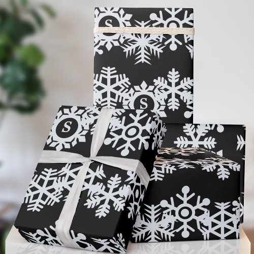 Snowflake Monogram Custom Black Christmas Holiday Wrapping Paper