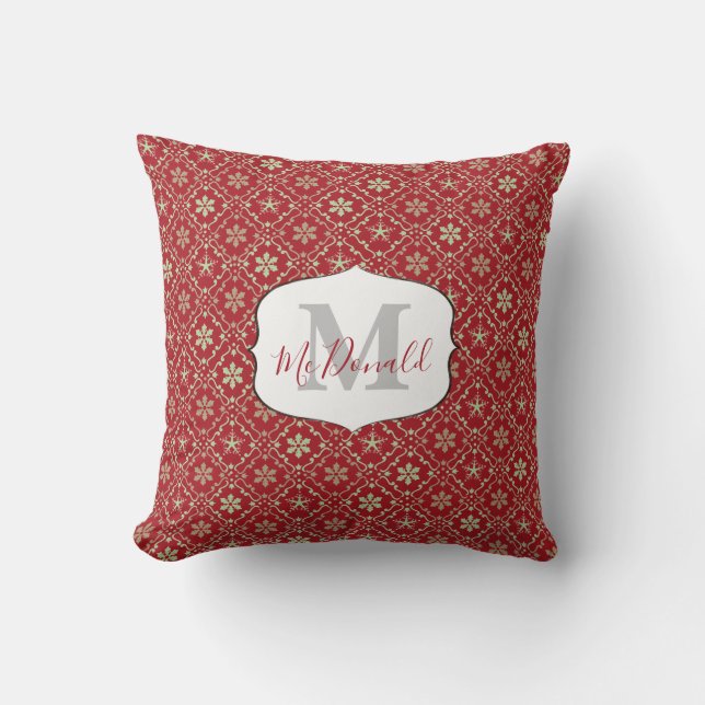 Snowflake Monogram Elegant Red Personalized Trendy Throw Pillow (Front)