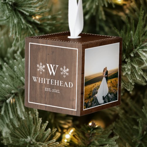 Snowflake Monogram Married Photo Dark Wood Cube Ornament