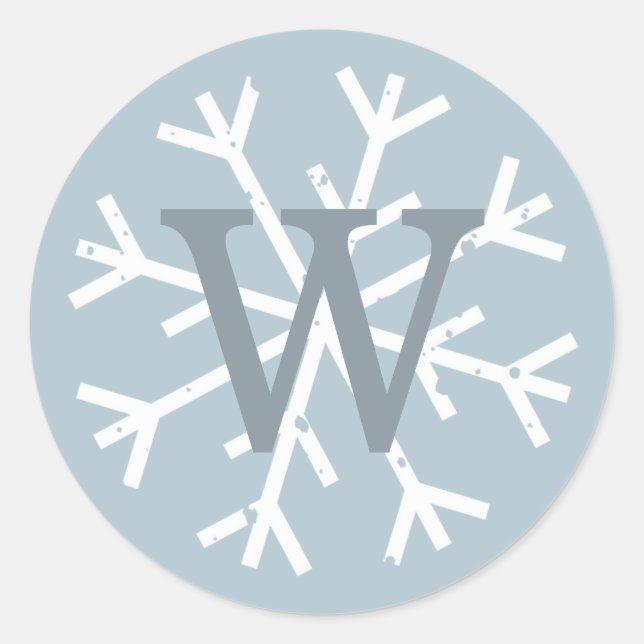 Snowflake Monogram Modern Blue Classic Round Sticker (Front)