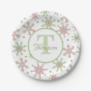 Snowflake Monogram Modern Holiday Christmas Paper Plates