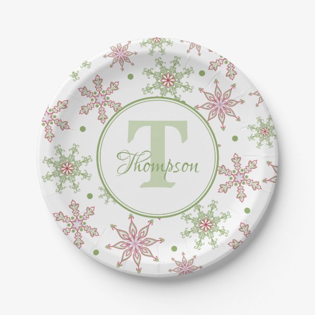 Snowflake Monogram Modern Holiday Christmas Paper Plates (Front)