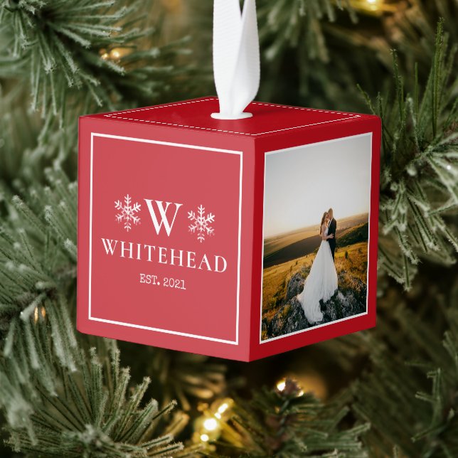 Snowflake Monogram Rustic Photo Red Cube Ornament (Tree)