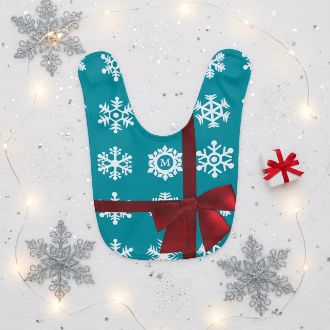 Snowflake Monogram Teal Red Bow Christmas Baby Bib (Just add your initial to this festive teal snowflake and red bow baby bib)