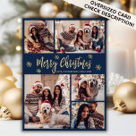 Snowflake Navy and Gold 5 Photo Collage Christmas Holiday Card<br><div class="desc">Modern Simple Elegant Calligraphy Navy and Gold Snowflakes 5 Photo Collage Merry Christmas Script Holiday Card. PLEASE NOTE, THESE 6.5" X 8.75" SIZE CARDS ARE LARGER THAN AVERAGE, DUE TO THE LARGER CARD SIZE, IT'S ALMOST CERTAIN THAT THE POSTAGE COSTS WILL BE HIGHER. IF YOU PREFER THE STANDARD 5X7" SIZE,...</div>