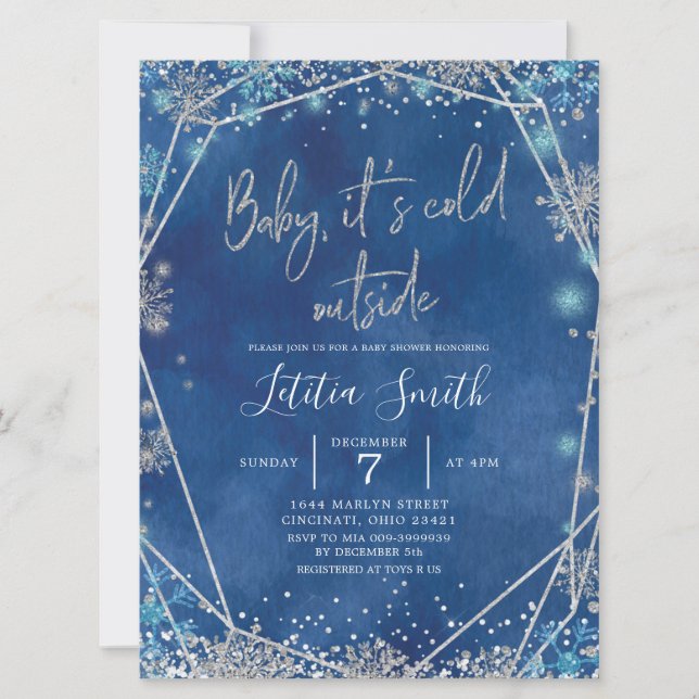 Snowflake Navy Blue and Silver Winter Baby Shower Invitation (Front)
