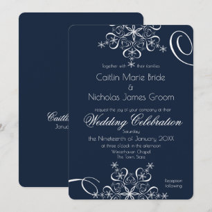 Snowflake Navy Blue Elegance Winter Wedding Invitation