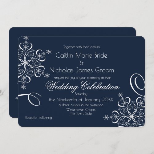 Snowflake Navy Blue Elegance Winter Wedding Invitation