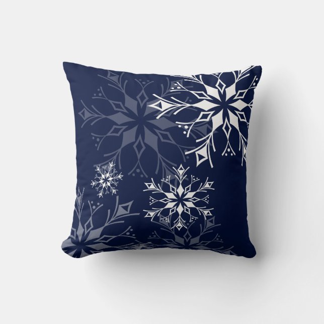 Snowflake - Navy Blue Throw Pillow (Front)
