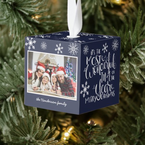 Snowflake Navy Blue Wonderful Time of Year Cube Ornament